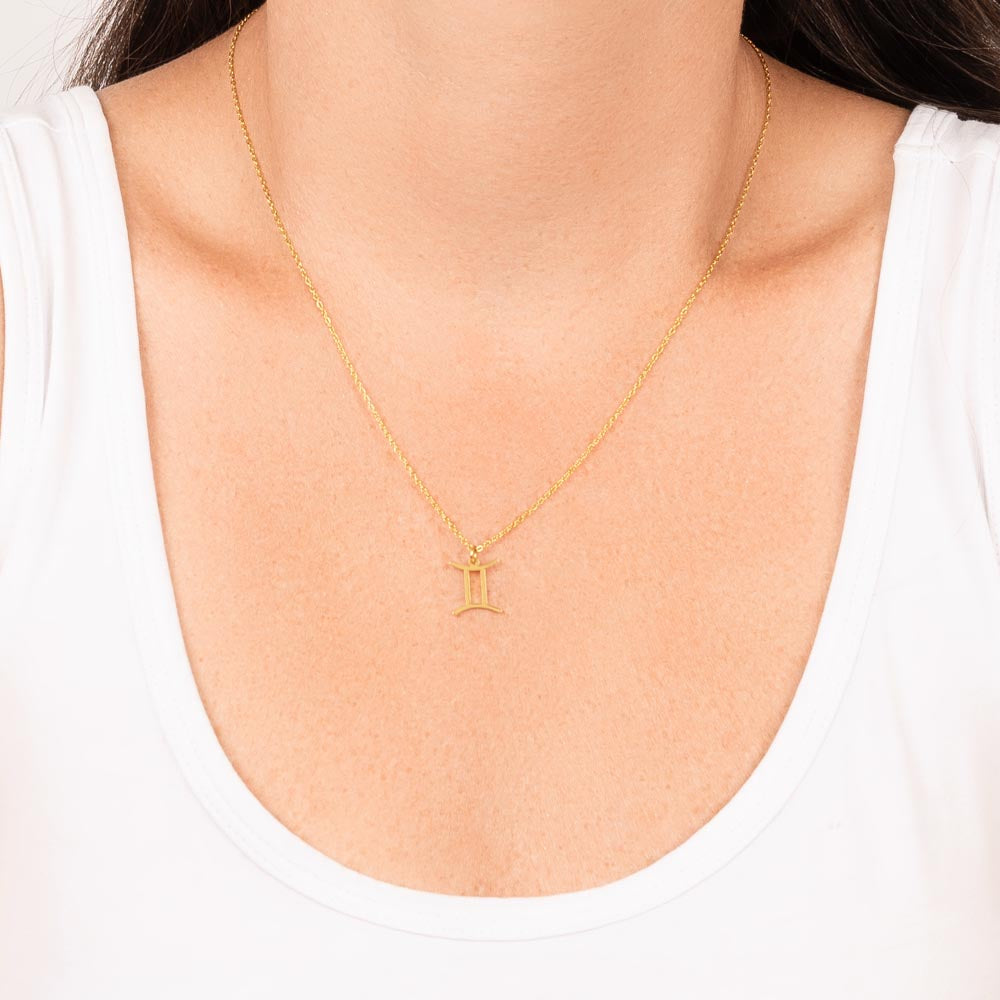 Gemini Zodiac Symbol Necklace for Girls – A Meaningful Gift for a Gemini Girl | Stainless Steel or 18k Yellow Gold Finish worn on model