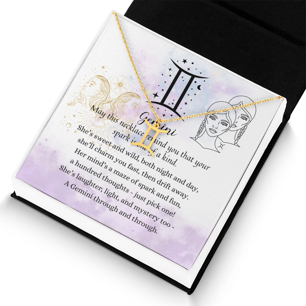 Gemini Zodiac Symbol Necklace for Girls – A Meaningful Gift for a Gemini Girl | Stainless Steel or 18k Yellow Gold Finish in gift box with poetic card