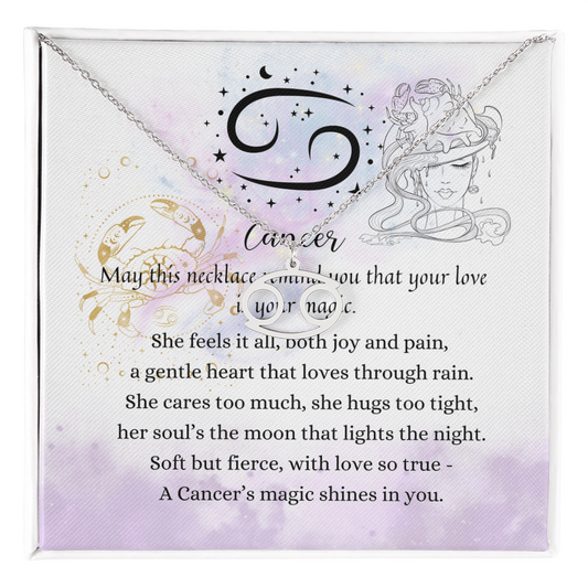 Cancer Zodiac Symbol Necklace for Girls – A Meaningful Gift for a Cancer Girl | Stainless Steel or 18k Yellow Gold Finish with poetic card background