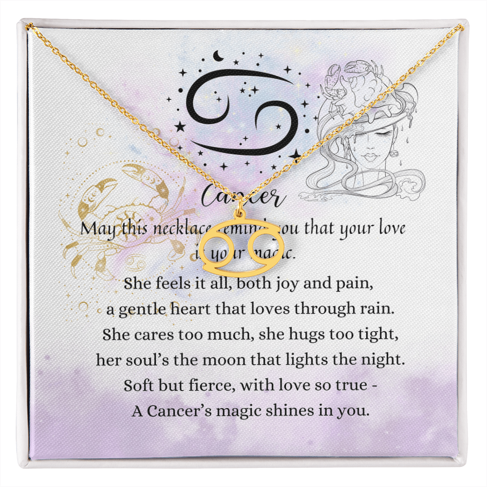Cancer Zodiac Symbol Necklace for Girls – A Meaningful Gift for a Cancer Girl | Stainless Steel or 18k Yellow Gold Finish with poetic card background