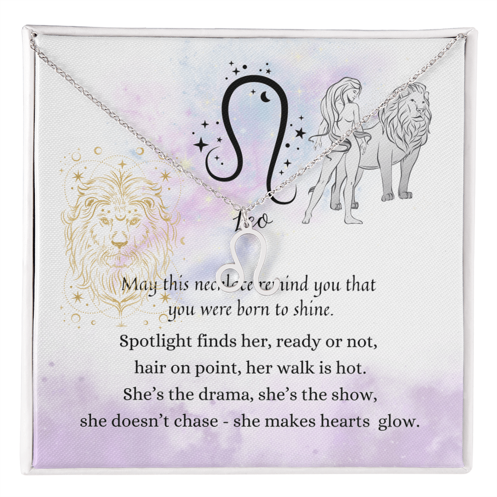 Leo Zodiac Symbol Necklace for Girls – A Meaningful Gift for a Leo Girl | Stainless Steel or 18k Yellow Gold Finish displayed on poetic card with lion art