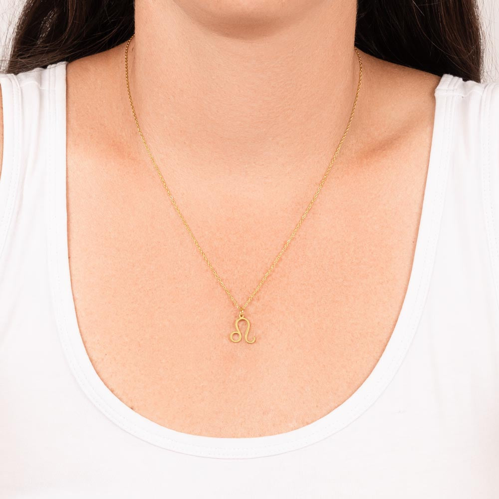 Leo Zodiac Symbol Necklace for Girls – A Meaningful Gift for a Leo Girl | Stainless Steel or 18k Yellow Gold Finish worn on a model's neck.