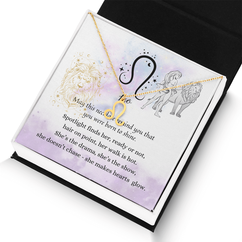 Leo Zodiac Symbol Necklace for Girls – A Meaningful Gift for a Leo Girl | Stainless Steel or 18k Yellow Gold Finish displayed with poetic card design