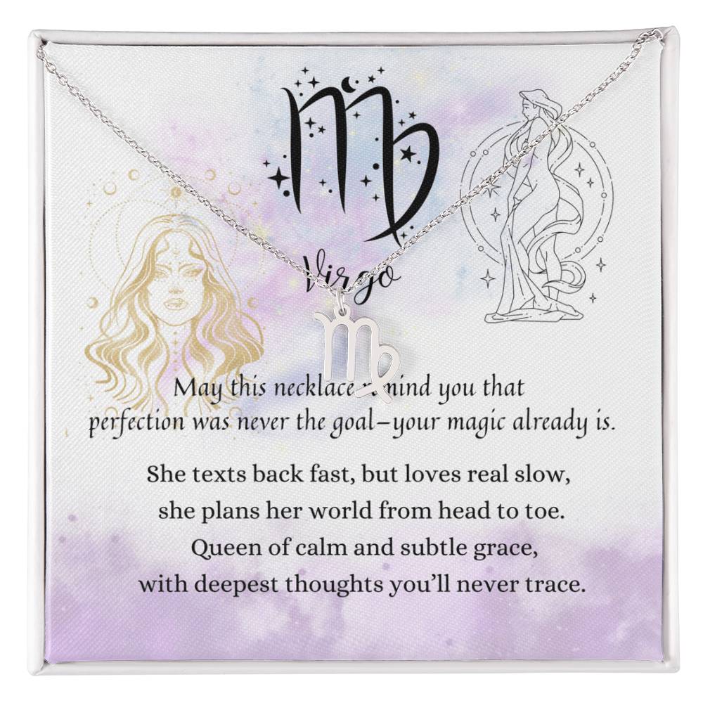 Virgo Zodiac Necklace for Women – Astrology Gift with silver pendant displayed on poetic card in soft pastel tones