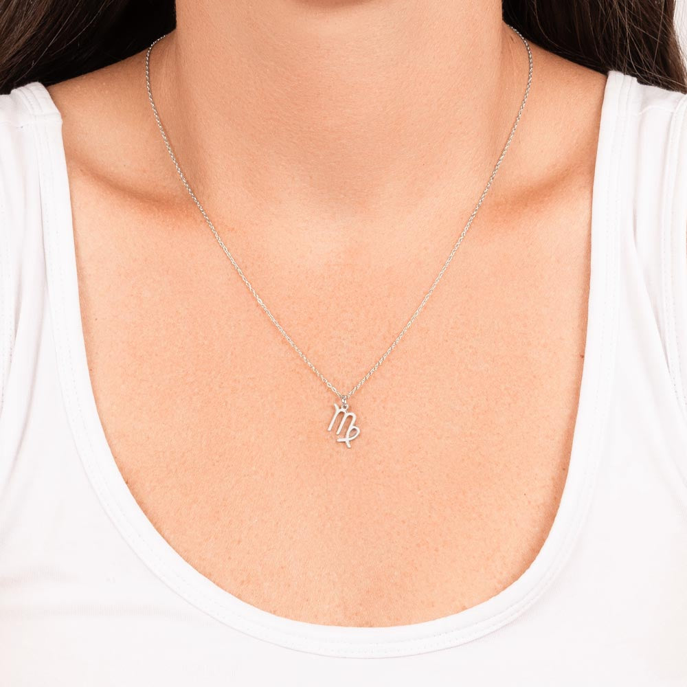 Virgo Zodiac Necklace for Women – Astrology Gift with delicate silver pendant worn on thin chain over white top