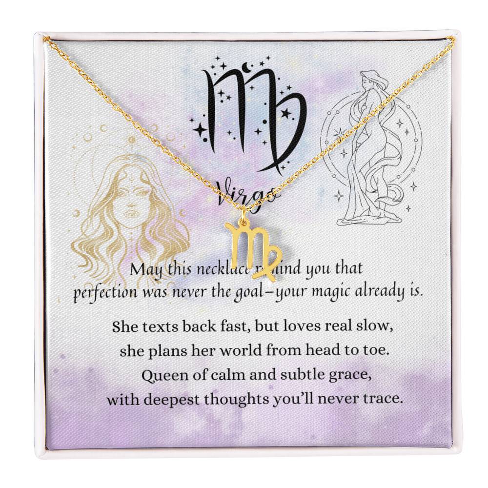 Virgo Zodiac Necklace for Women – Astrology Gift with gold symbol pendant on purple card featuring empowering Virgo poem