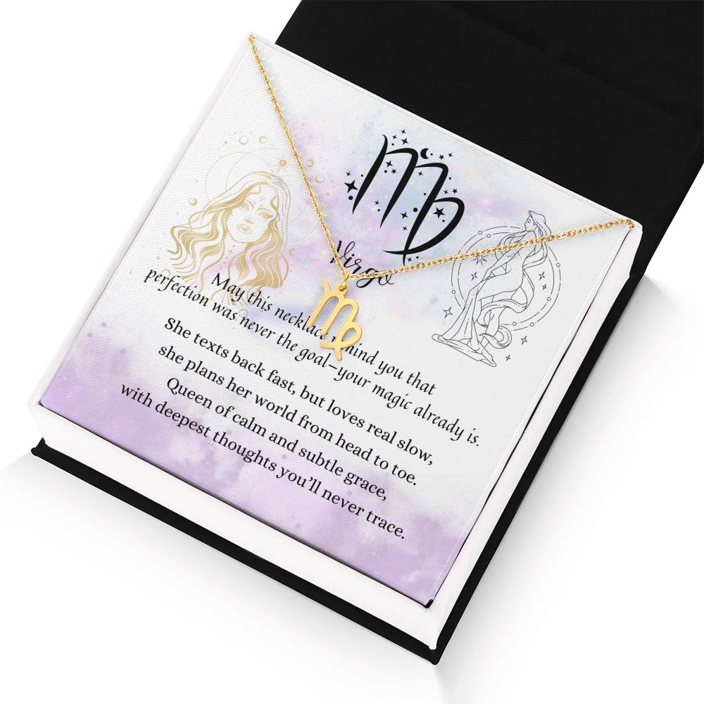 Virgo Zodiac Necklace for Women – Astrology Gift with gold symbol pendant displayed on poetic card inside black jewelry box