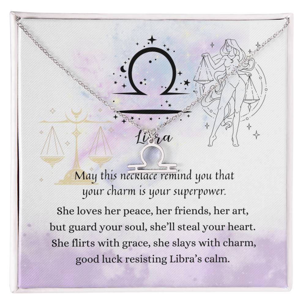 Libra Zodiac Necklace for Women – Astrology Gift with silver Libra symbol pendant on poetic card in soft purple hues