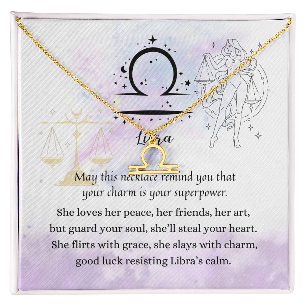 Libra Zodiac Necklace for Women – Astrology Gift with gold Libra symbol pendant displayed on poetic card in soft pastel tones