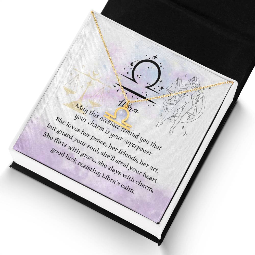 Libra Zodiac Necklace for Women – Astrology Gift featuring a gold symbol pendant on a delicate chain with poetic card display