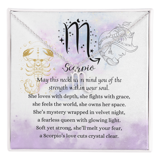 Scorpio Zodiac Symbol Necklace for Girls – A Meaningful Gift for a Scorpio Girl | Stainless Steel or 18k Yellow Gold Finish displayed with poetic Scorpio card