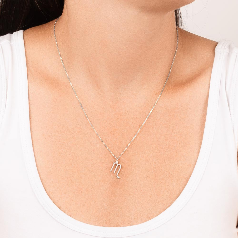 Scorpio Zodiac Symbol Necklace for Girls – A Meaningful Gift for a Scorpio Girl | Stainless Steel or 18k Yellow Gold Finish worn on model's neck