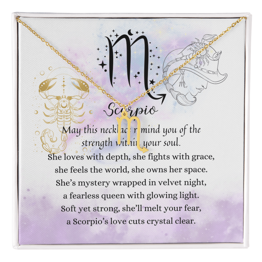 Scorpio Zodiac Symbol Necklace for Girls – A Meaningful Gift for a Scorpio Girl | Stainless Steel or 18k Yellow Gold Finish with poetic card background