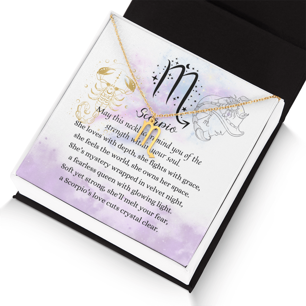Scorpio Zodiac Symbol Necklace for Girls – A Meaningful Gift for a Scorpio Girl | Stainless Steel or 18k Yellow Gold Finish displayed in gift box with poetic card