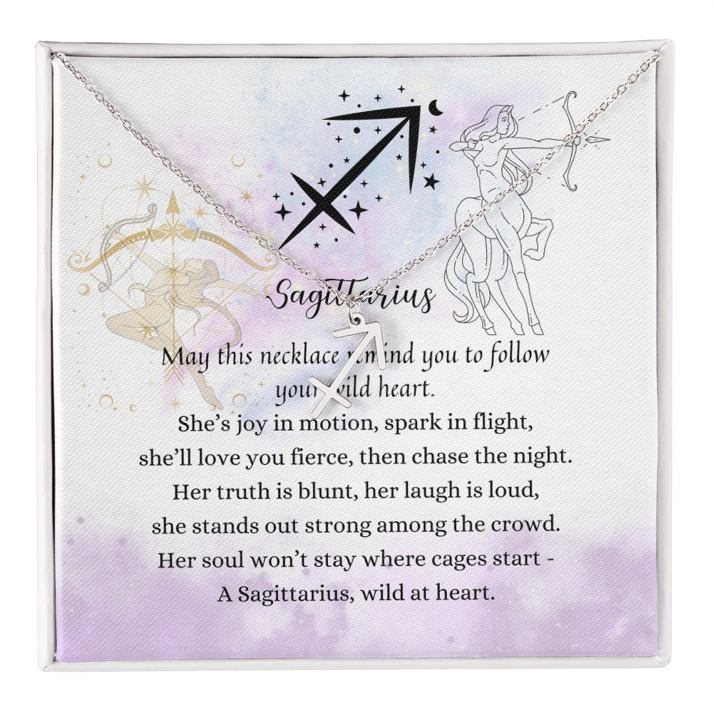 Sagittarius Zodiac Symbol Necklace for Girls – A Meaningful Gift for a Sagittarius Girl | Stainless Steel or 18k Yellow Gold Finish displayed with poetic card