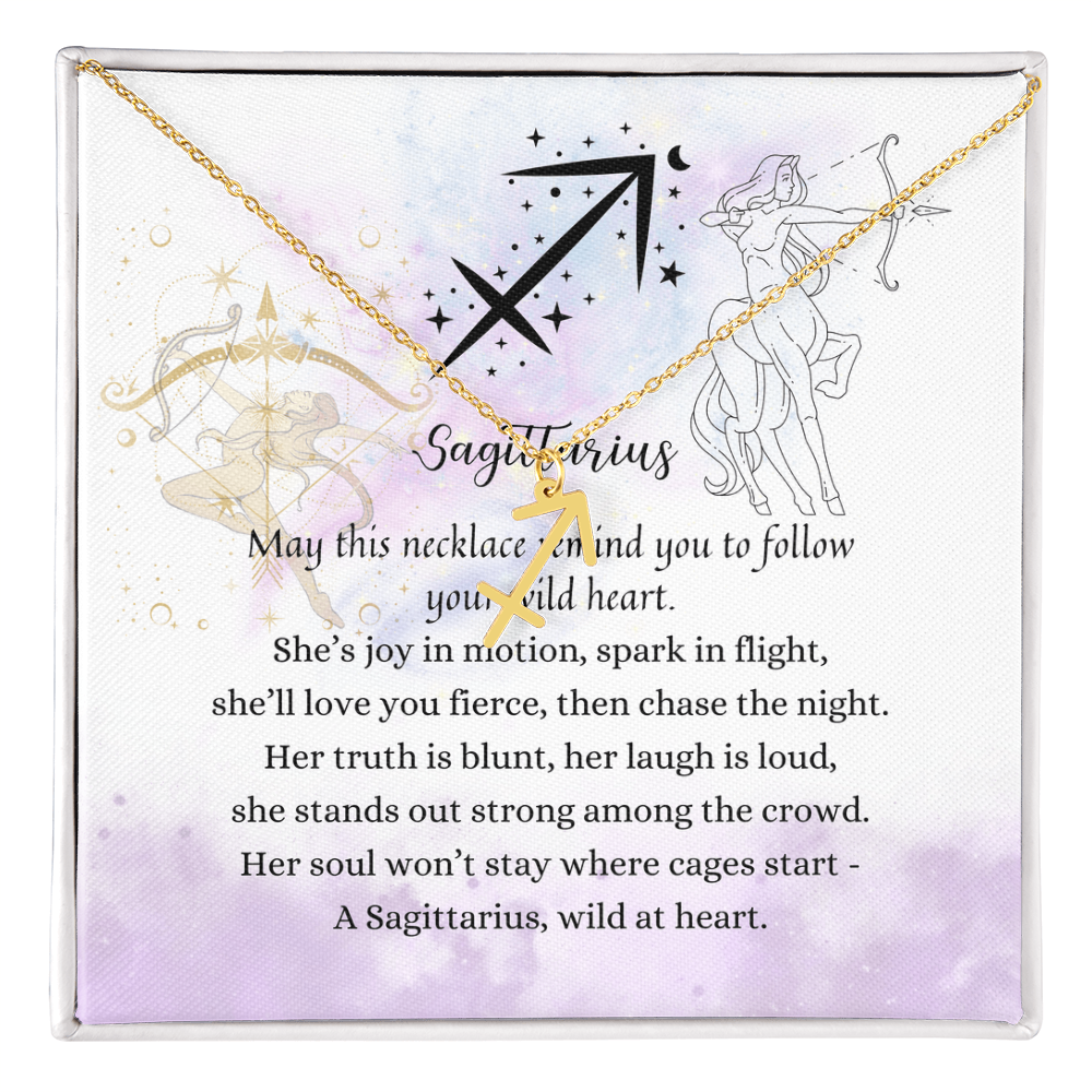 Sagittarius Zodiac Symbol Necklace for Girls – A Meaningful Gift for a Sagittarius Girl | Stainless Steel or 18k Yellow Gold Finish displayed with poetic card
