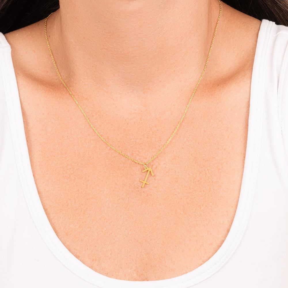 Sagittarius Zodiac Symbol Necklace for Girls – A Meaningful Gift for a Sagittarius Girl | Stainless Steel or 18k Yellow Gold Finish worn on model's neck