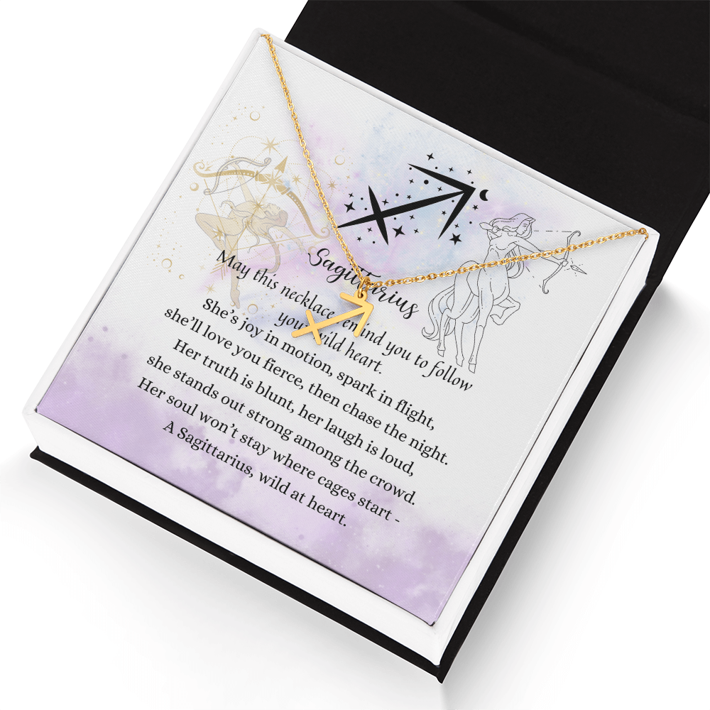 Sagittarius Zodiac Symbol Necklace for Girls – A Meaningful Gift for a Sagittarius Girl | Stainless Steel or 18k Yellow Gold Finish shown in gift box with poetic card