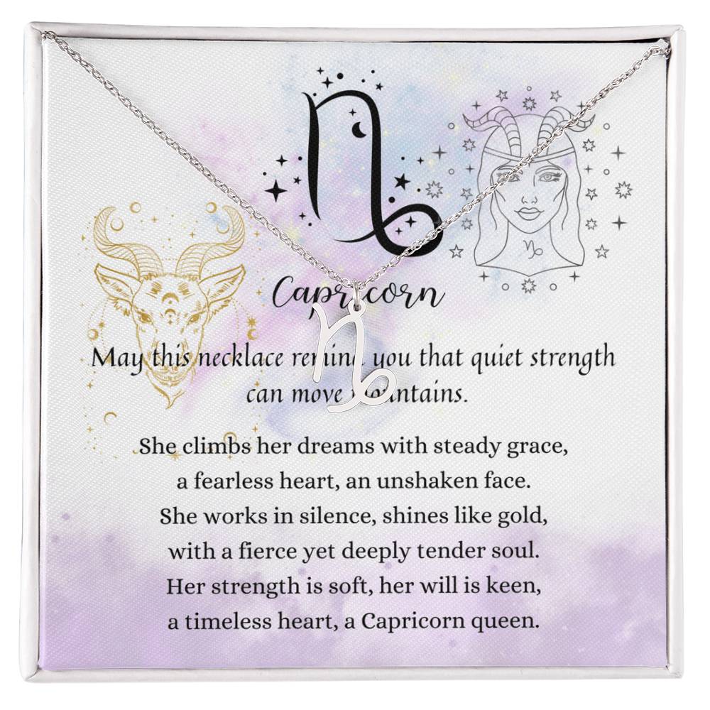 Capricorn Zodiac Necklace for Women – Astrology Gift with silver Capricorn pendant over poetic card in soft purple hues
