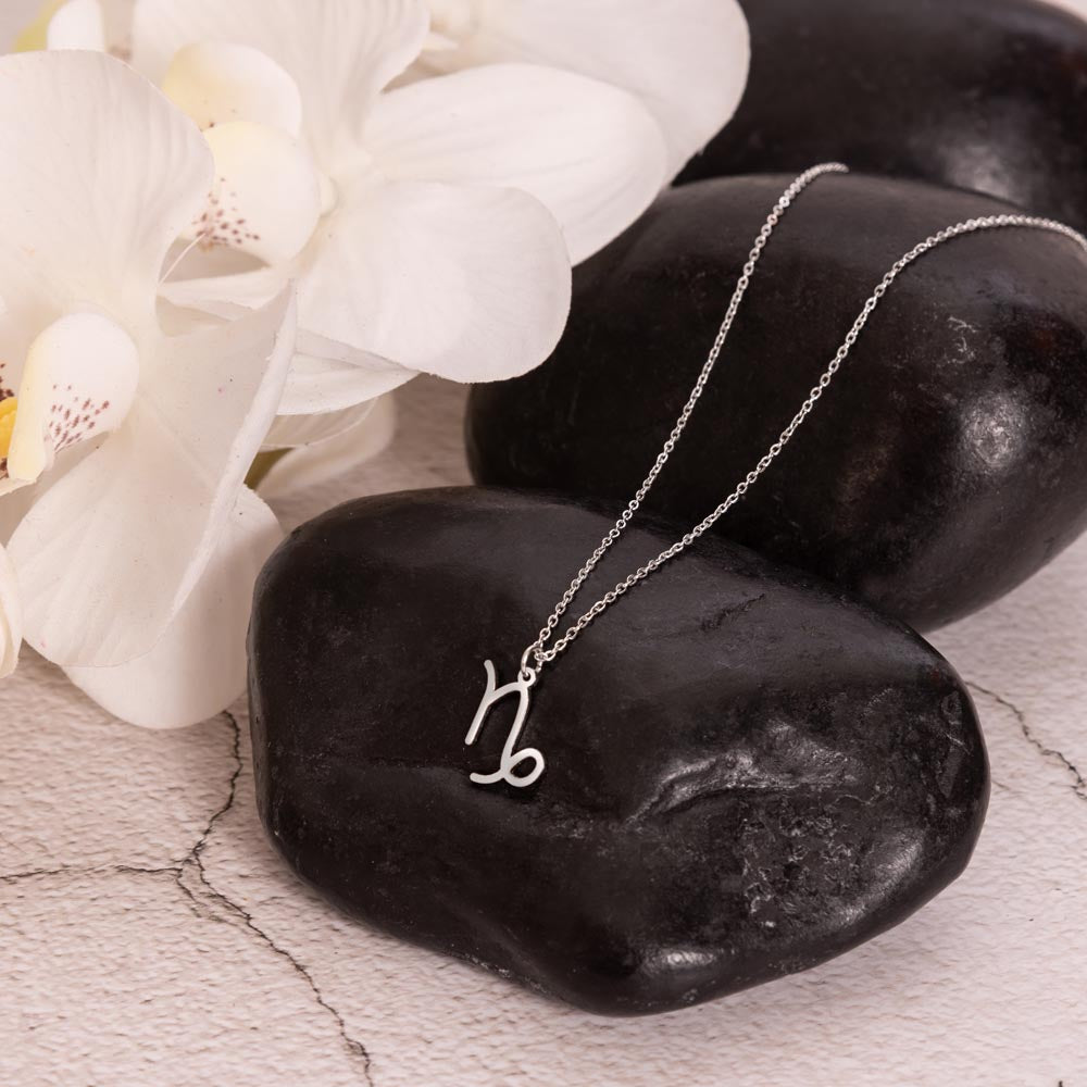 Capricorn Zodiac Necklace for Women – Astrology Gift with delicate silver pendant on black stones beside white orchid petals