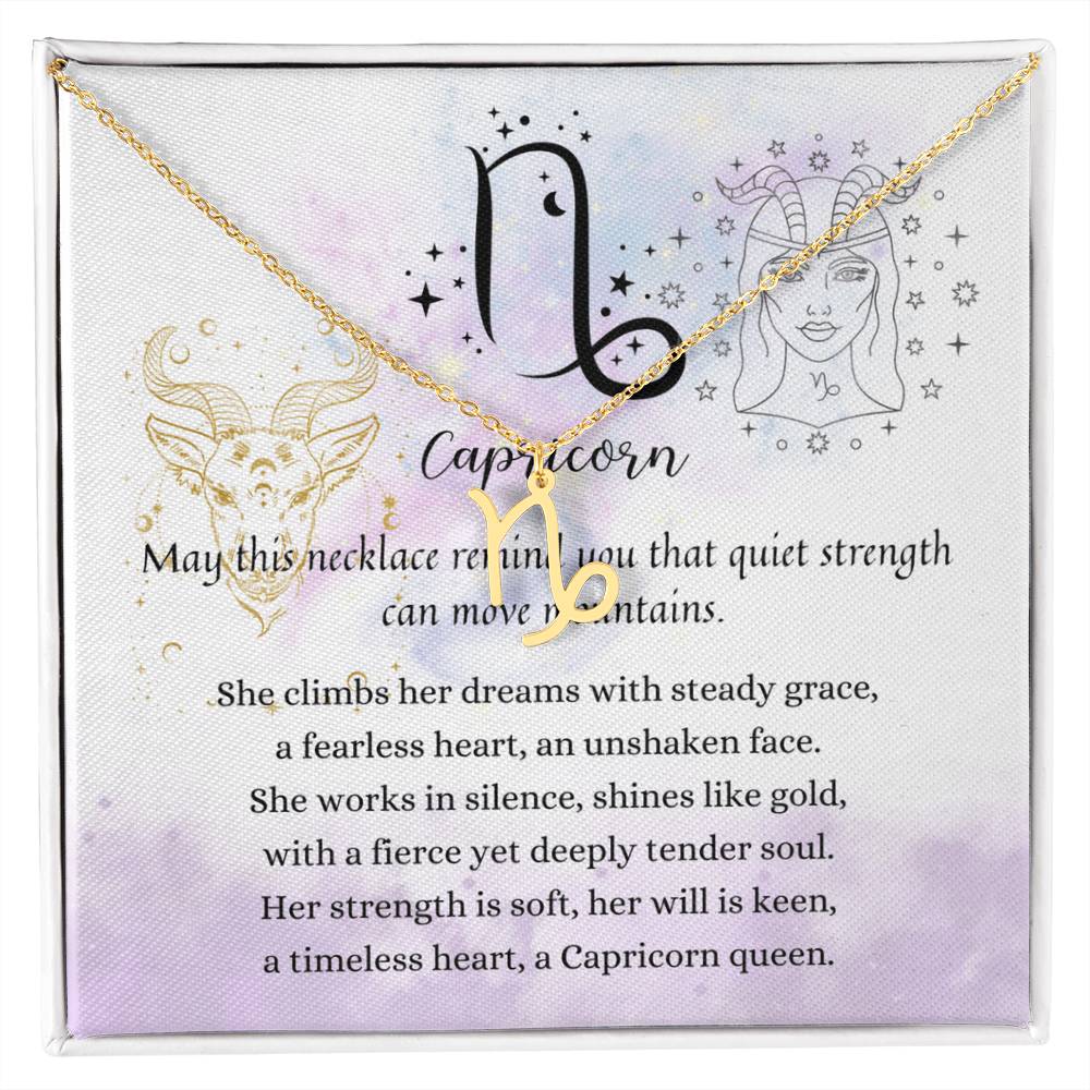 Capricorn Zodiac Necklace for Women – Astrology Gift with gold symbol pendant over poetic card in soft purple and pastel hues