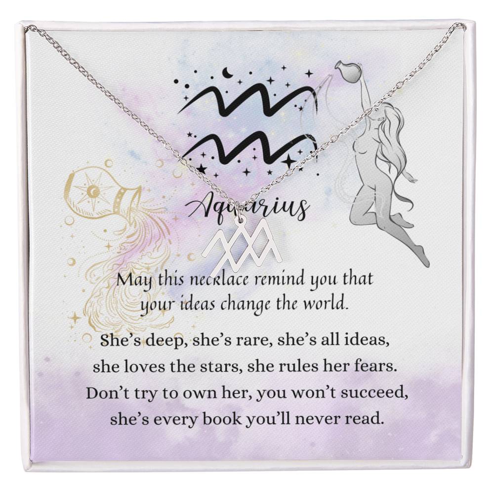 Aquarius Zodiac Necklace for Women – Astrology Gift with silver pendant and inspirational zodiac-themed card background