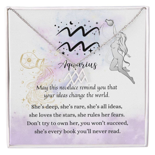 Aquarius Zodiac Necklace for Women – Astrology Gift with silver pendant and inspirational zodiac-themed card background