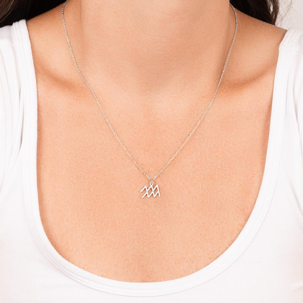 Aquarius Zodiac Necklace for Women – Astrology Gift with delicate silver zodiac symbol pendant on fine chain worn on neck