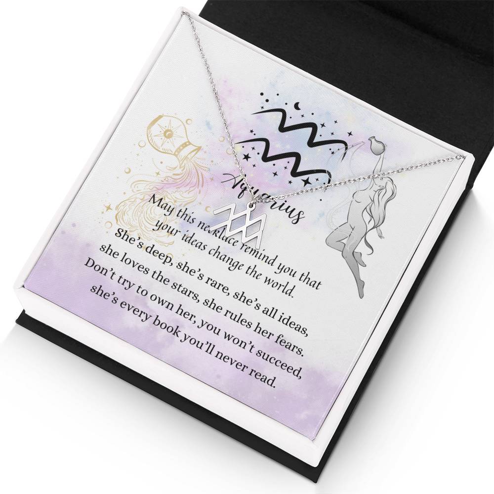 Aquarius Zodiac Necklace for Women – Astrology Gift with silver pendant displayed on inspirational astrology message card