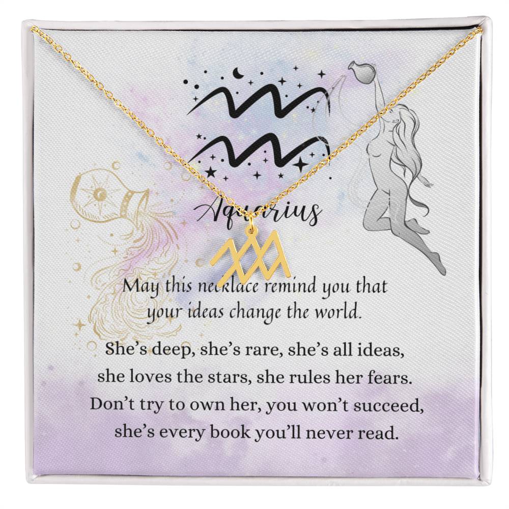 Aquarius Zodiac Necklace for Women – Astrology Gift with gold zodiac pendant displayed on inspirational astrology card