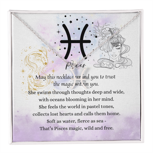 Pisces Zodiac Symbol Necklace for Girls – A Meaningful Gift for a Pisces Girl | Stainless Steel or 18k Yellow Gold Finish displayed with poetic card