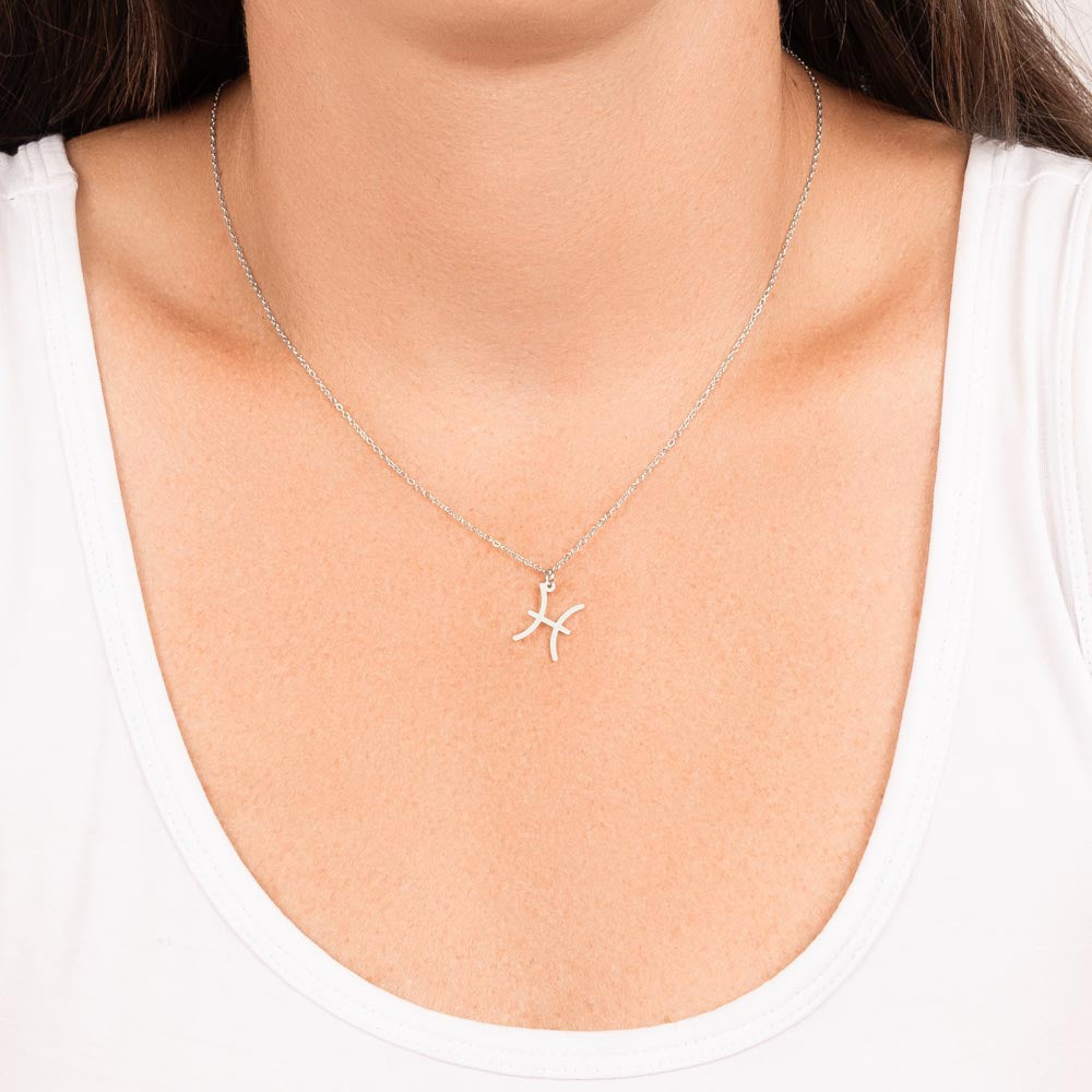 Pisces Zodiac Symbol Necklace for Girls – A Meaningful Gift for a Pisces Girl | Stainless Steel or 18k Yellow Gold Finish worn on model's neck