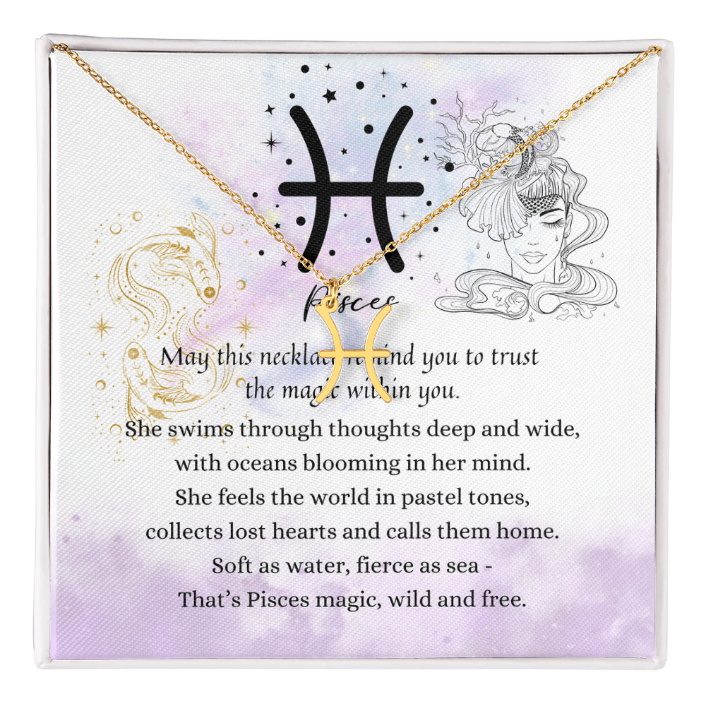 Pisces Zodiac Symbol Necklace for Girls – A Meaningful Gift for a Pisces Girl | Stainless Steel or 18k Yellow Gold Finish displayed on poetic card with Pisces design