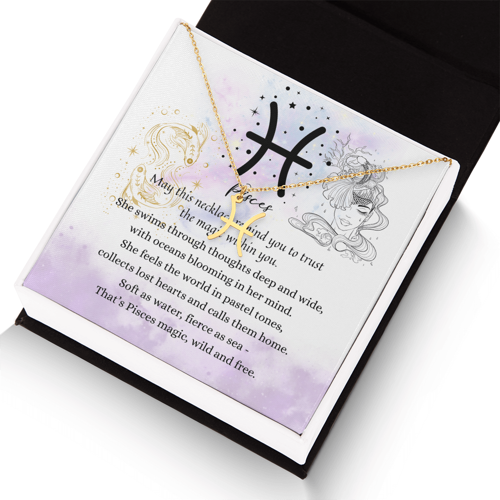 Pisces Zodiac Symbol Necklace for Girls – A Meaningful Gift for a Pisces Girl | Stainless Steel or 18k Yellow Gold Finish in gift box with poetic card