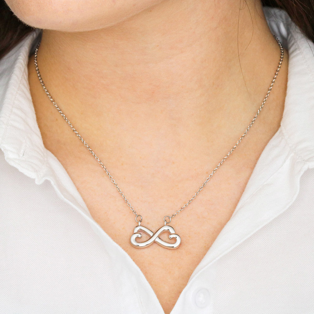 Endless Love Necklace for Grandma – A Meaningful Gift for Grandma | 14K White Gold or 18K Yellow Gold Plated worn on model with white shirt