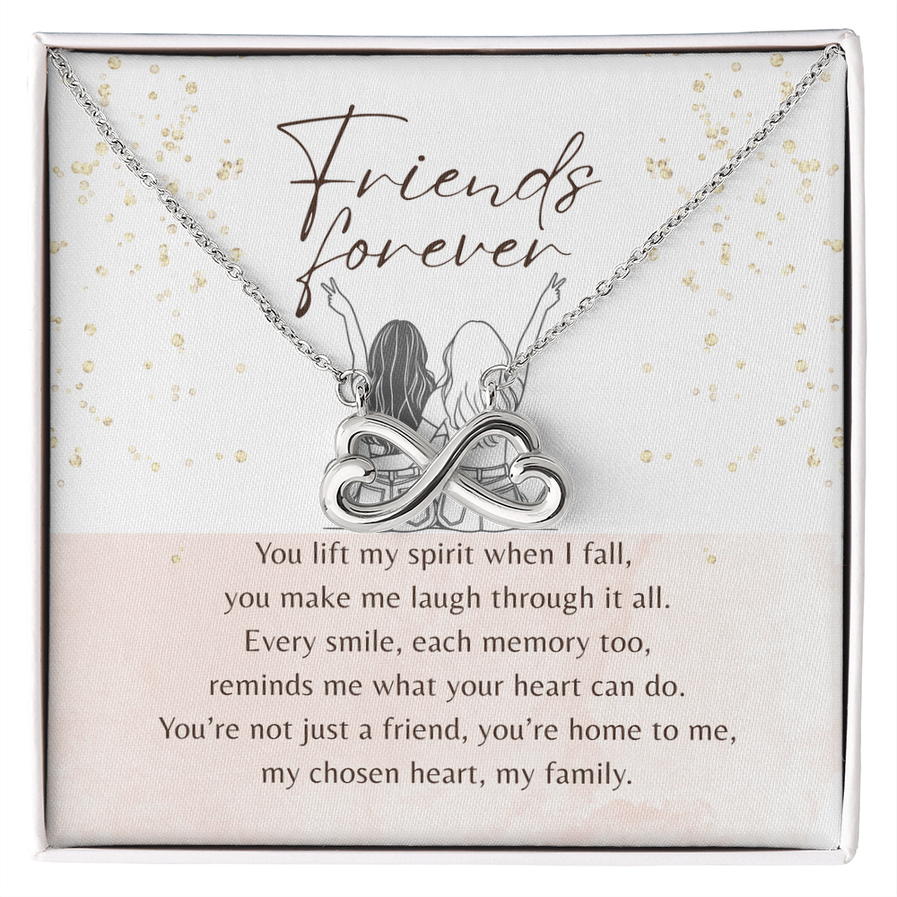 Endless Love Necklace for Best Friend – 14k White Gold or 18k Yellow Gold Plated displayed with Friends Forever message and heartfelt poem
