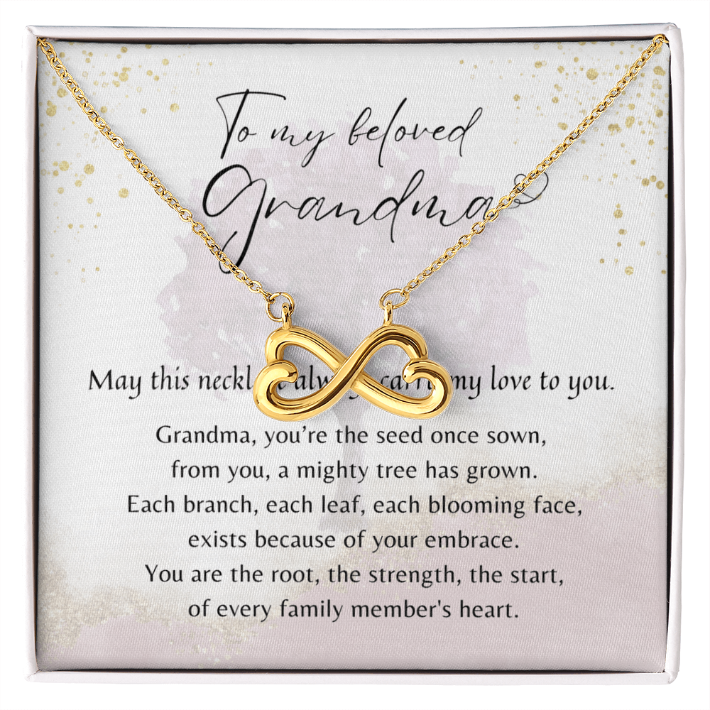 Endless Love Necklace for Grandma – A Meaningful Gift for Grandma | 14K White Gold or 18K Yellow Gold Plated displayed with heartfelt message card