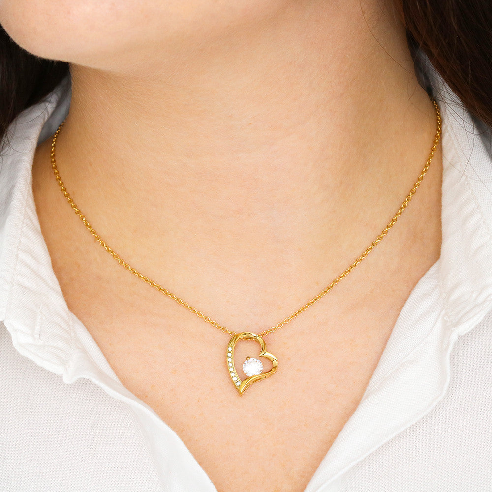 Forever Love Necklace for Her – 14k White Gold or 18k Yellow Gold Plated heart pendant on a gold chain worn on neck