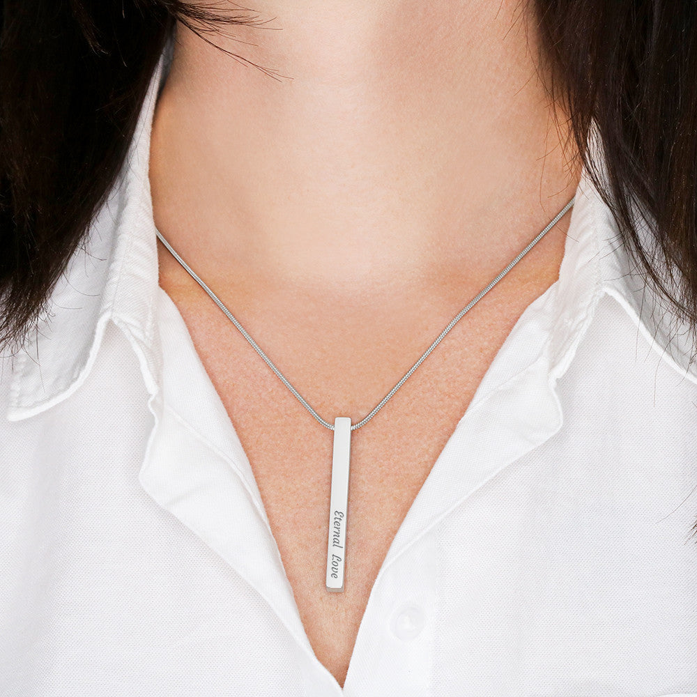 Personalized Engraved 4-Sided Bar Necklace for Mom – A Meaningful Gift of Love Stainless Steel or 18k Gold Finish worn on woman’s neck