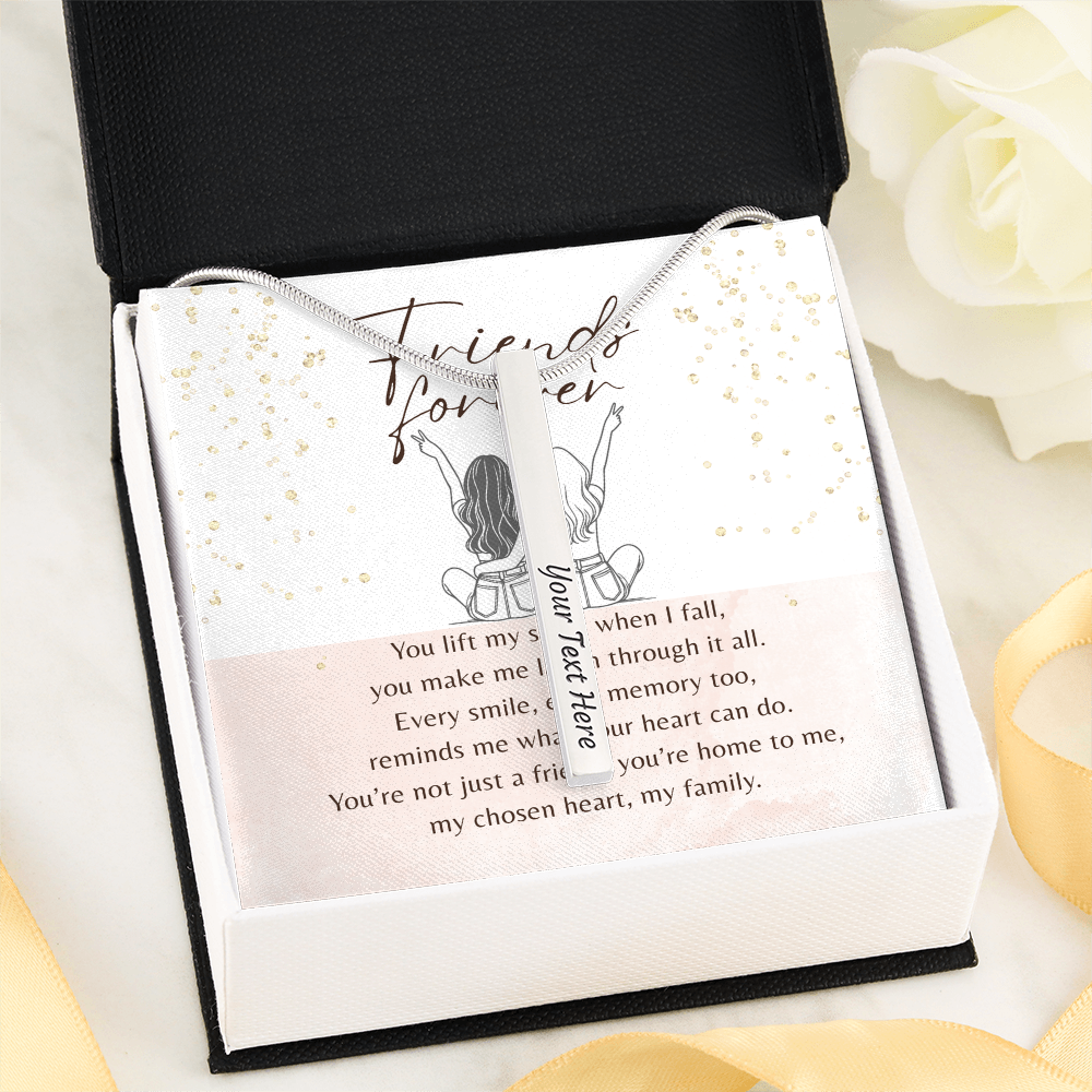 Engraved 4-Sided Bar Necklace for Best Friend – A Meaningful Gift of Friendship | Stainless Steel or 18k Gold Finish displayed in gift box with card
