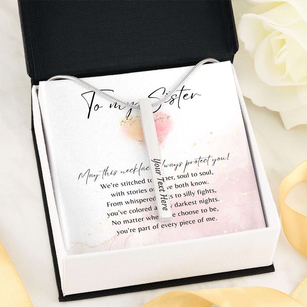 Personalized Engraved 4-Sided Bar Necklace for Sister –A Meaningful Gift of Sisterhood | Stainless Steel or 18k Gold Finish displayed in gift box with message card