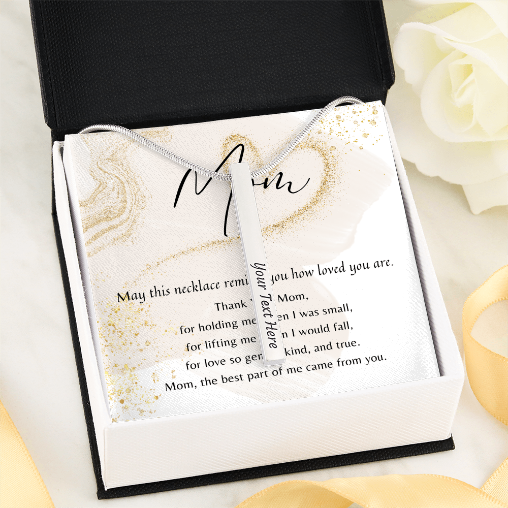 Personalized Engraved 4-Sided Bar Necklace for Mom – A Meaningful Gift of Love in stainless steel displayed in gift box with poem card