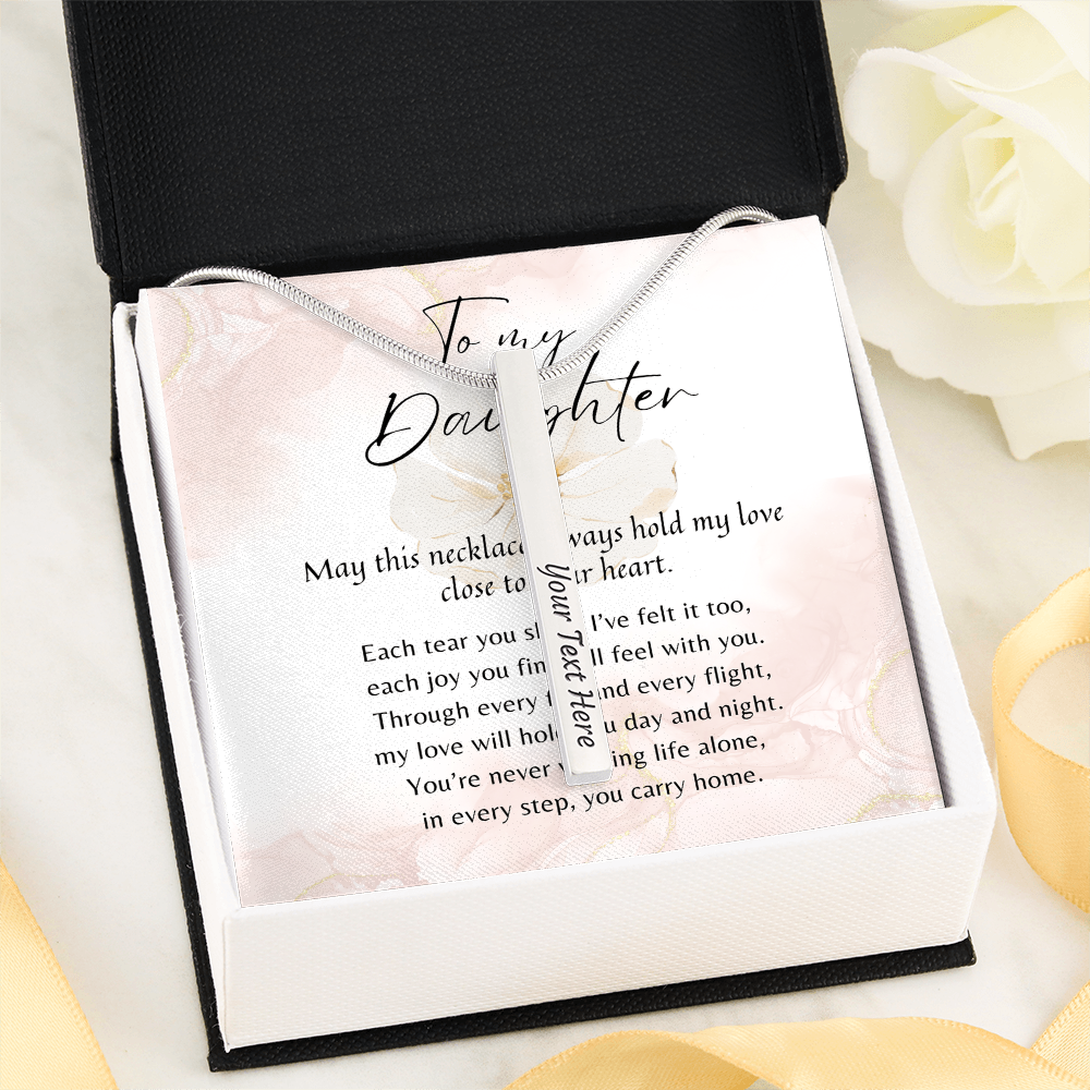 Personalized Engraved 4-Sided Bar Necklace for Daughter – A Meaningful Gift of Love | Stainless Steel or 18k Gold Finish displayed in gift box with message card