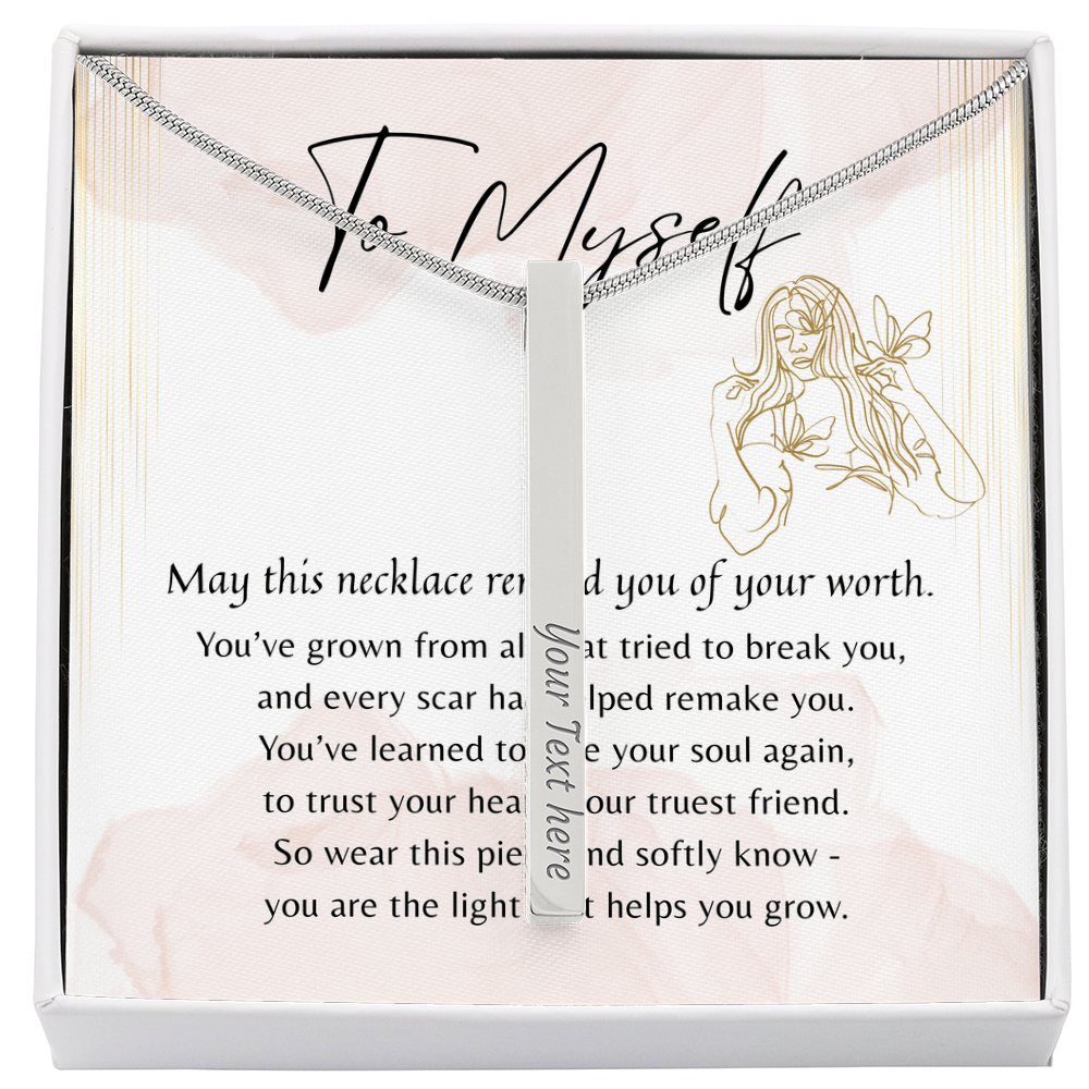 Engraved 4-Sided Bar Necklace for Myself - A thoughtful Gift to Myself | Stainless Steel or 18k Gold Finish displayed in a gift box with message card.