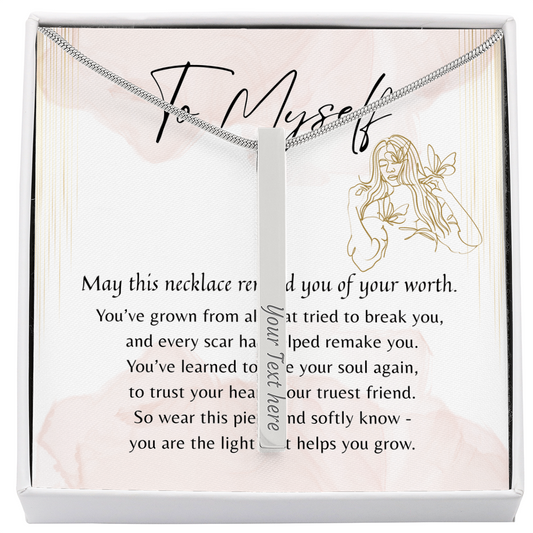 Engraved 4-Sided Bar Necklace for Myself - A thoughtful Gift to Myself | Stainless Steel or 18k Gold Finish displayed in a gift box with message card.