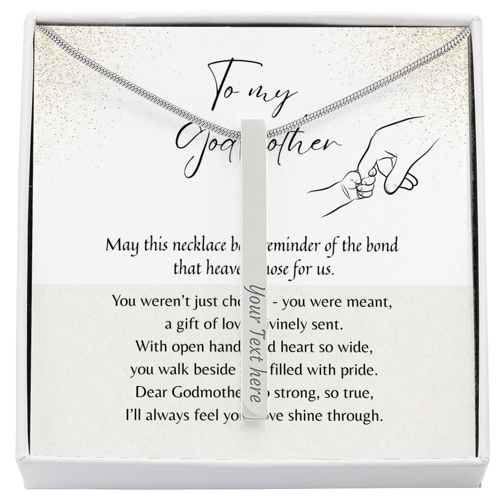 Engraved 4-Sided Bar Necklace for Godmother – Stainless Steel or 18k Gold Finish | A Meaningful Thank You Gift for Godmother displayed in gift box with poem card
