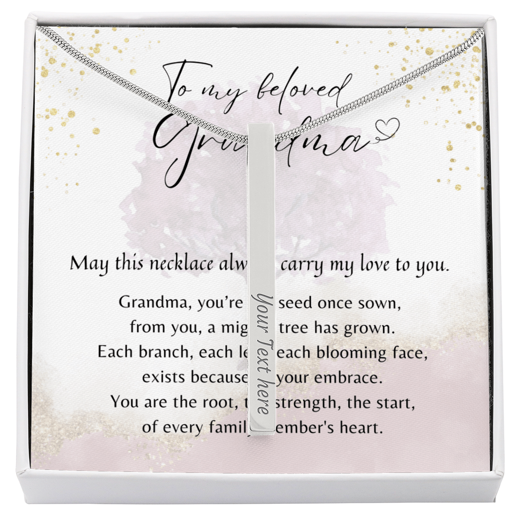 Personalized Engraved 4-Sided Bar Necklace for Grandma – A Meaningful Gift for Grandma | Stainless Steel or 18K Yellow Gold Finish displayed in gift box with poem background