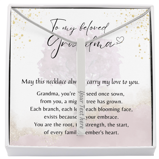 Personalized Engraved 4-Sided Bar Necklace for Grandma – A Meaningful Gift for Grandma | Stainless Steel or 18K Yellow Gold Finish displayed in gift box with poem background
