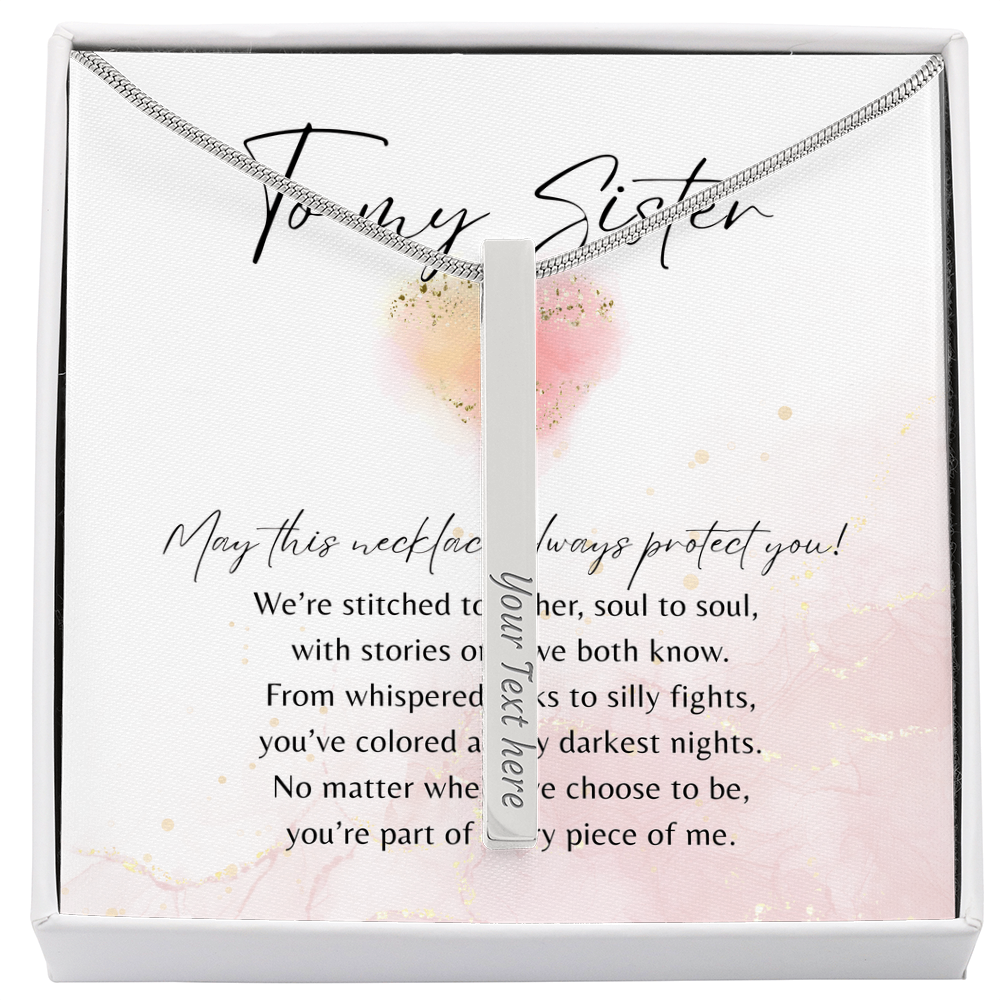 Personalized Engraved 4-Sided Bar Necklace for Sister –A Meaningful Gift of Sisterhood in stainless steel on a gift card with a message