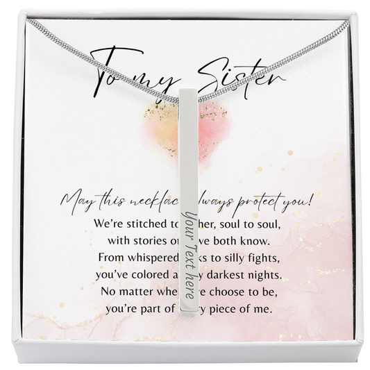 Personalized Engraved 4-Sided Bar Necklace for Sister –A Meaningful Gift of Sisterhood in stainless steel on a gift card with a message